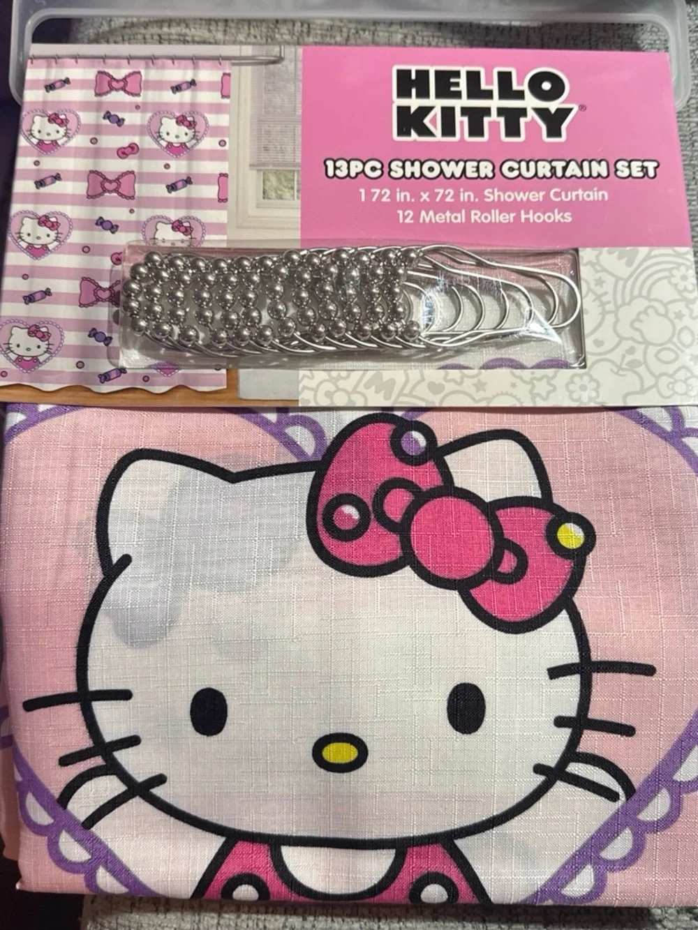 Hello Kitty Pink and White Striped Shower Curtain Panel with Hearts & Bows